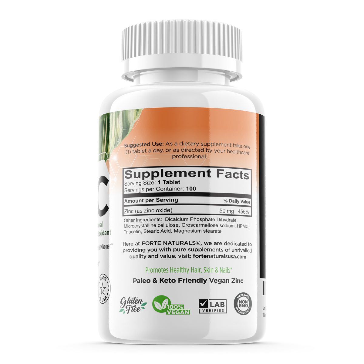 FORTE NATURALS Zinc 50mg Tablets Supplements for Sensitive Stomachs