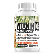 Load image into Gallery viewer, FORTE NATURALS Vitamin D3 5000 IU Supplement 125 mcg Soft Gels  | GLP-1 SUPPORT FOR NAUSEA
