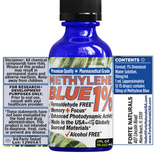 Load image into Gallery viewer, METHYLENE BLUE Pharmaceutical Grade USP, 3rd Party Tested for Purity No Formaldehyde, Made in USA, 50mL 2 oz glass bottle FORTE NATURALS Methylene Blue 1% Oral Drops for Humans
