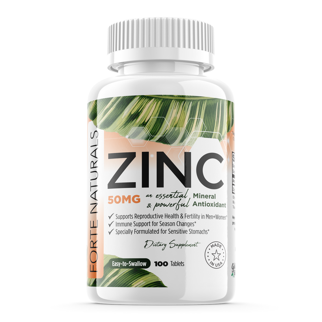 Zinc 50mg Tablets Supplements Specially Formulated for Sensitive Stomachs FORTE NATURALS Vegan 50mg, Non GMO, Easy to Swallow Zinc 50mg pills